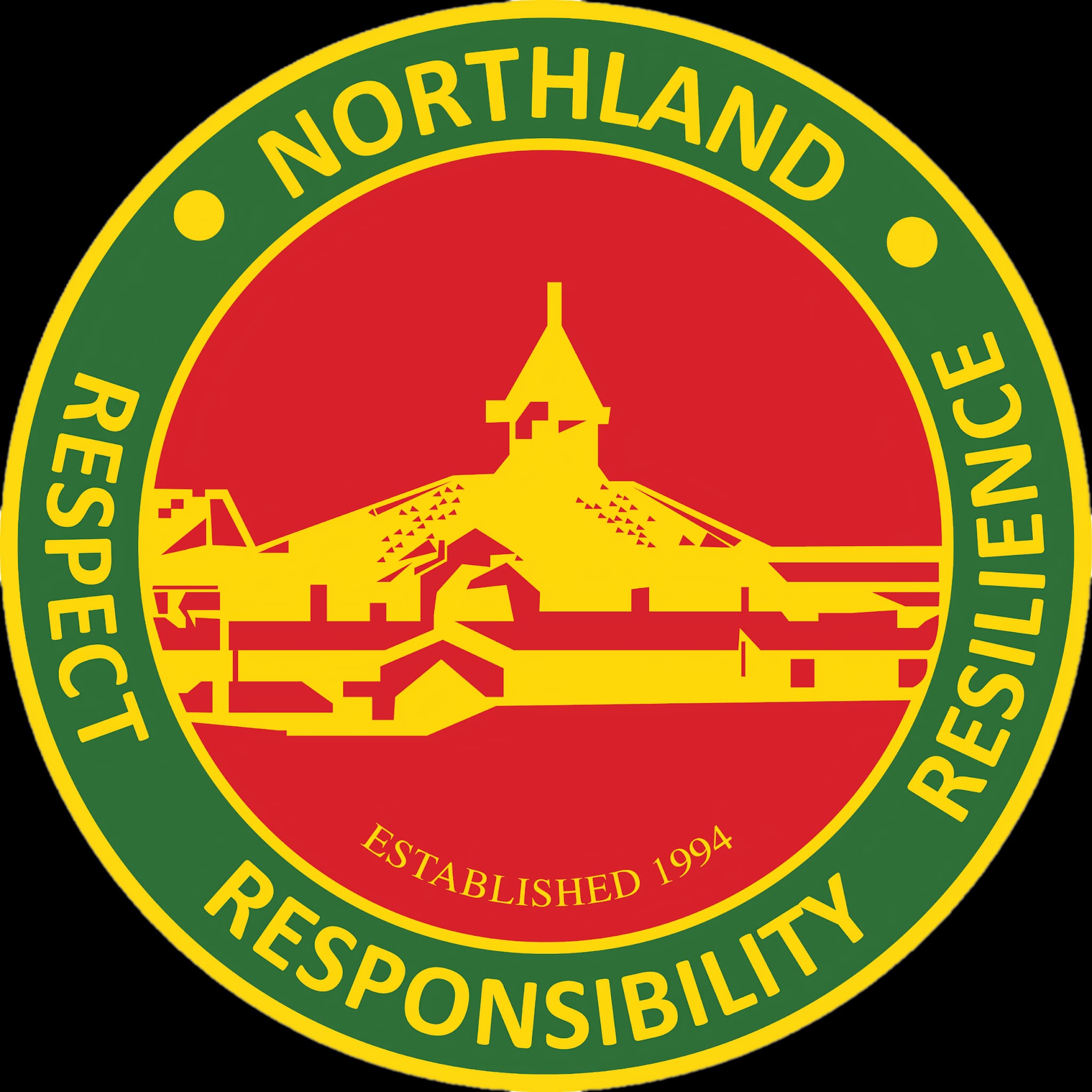 Circular seal reading Northland, Respect, Responsibility, Resilience, Established 1994, with a yellow building on red background.
