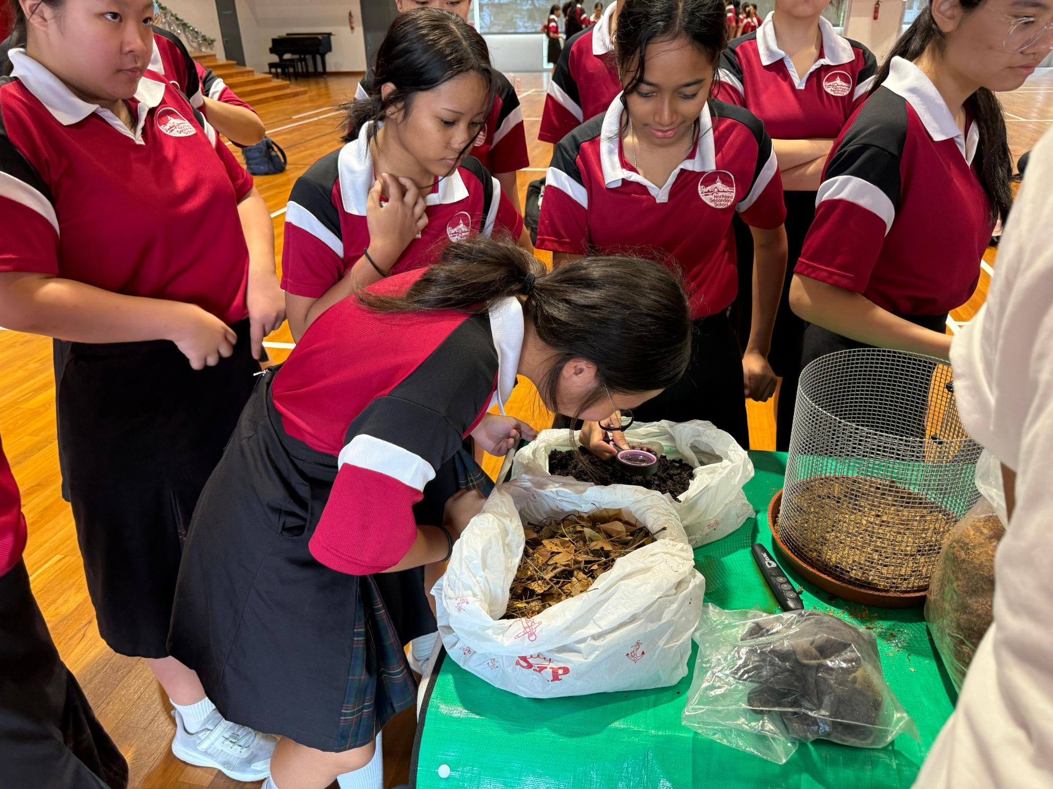 Students in red school uniforms gather around a table examining bags of soil and leaves with a magnifying glass.