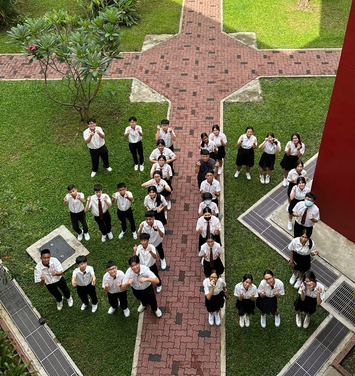 Students in white shirts and black bottoms pose on a green lawn beside a brick crosswalk, viewed from above.