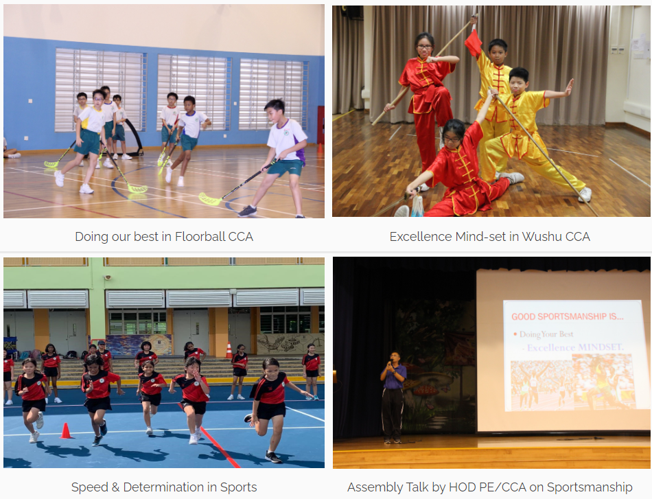 Four school activity scenes: floorball, wushu with staffs, outdoor running, and a sportsmanship assembly talk.