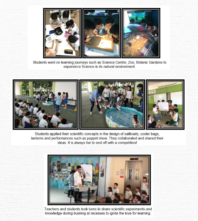 Students and teachers engage in science activities including field trips, sailboat design, and classroom experiments.