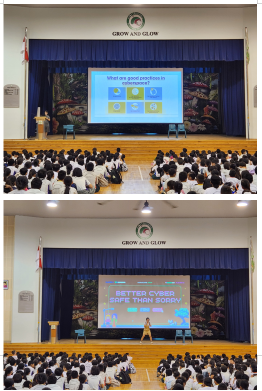 Students in a school hall attend a cyber safety assembly with slides on good cyberspace practices on stage.