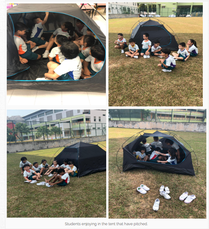Four photos of uniformed school children sitting inside and around dark dome tents on a grassy field.