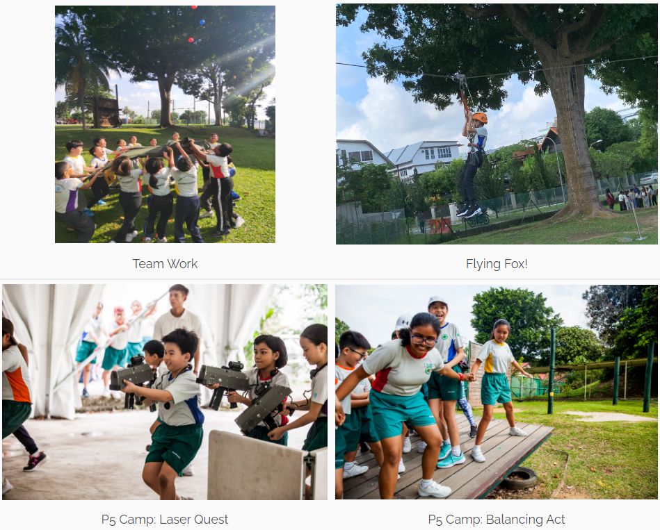 Four camp activity photos showing children doing teamwork, a flying fox zipline, laser quest, and a balancing act on wooden planks.