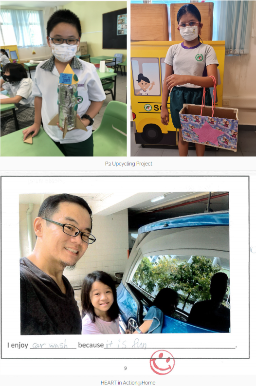 Two masked students hold upcycled cardboard projects; below, a man and girl smile beside a car with text about enjoying car wash.