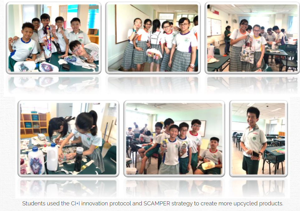 Six photos of school students in uniforms working on and displaying upcycled craft projects in a classroom.
