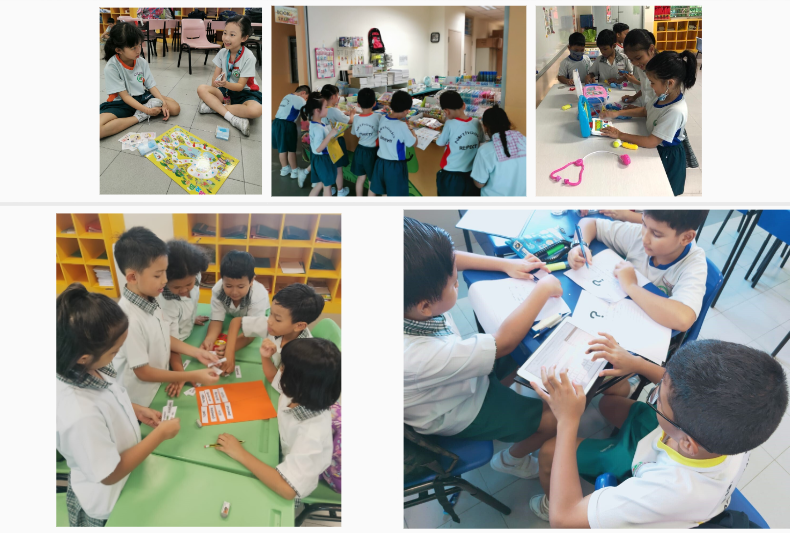 Five photos of young students in uniforms doing group activities, playing games, and writing together in classrooms.