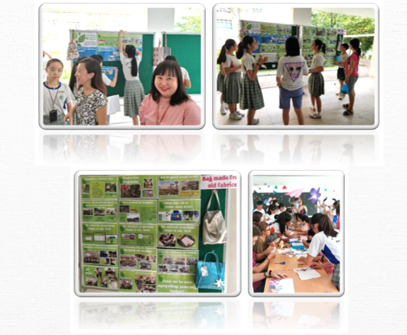 Four photos showing students and a teacher at a school event with display boards and a recycled bag craft activity.