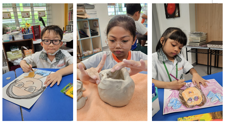 Three children in school uniforms doing art activities: drawing portraits and sculpting a clay bowl.