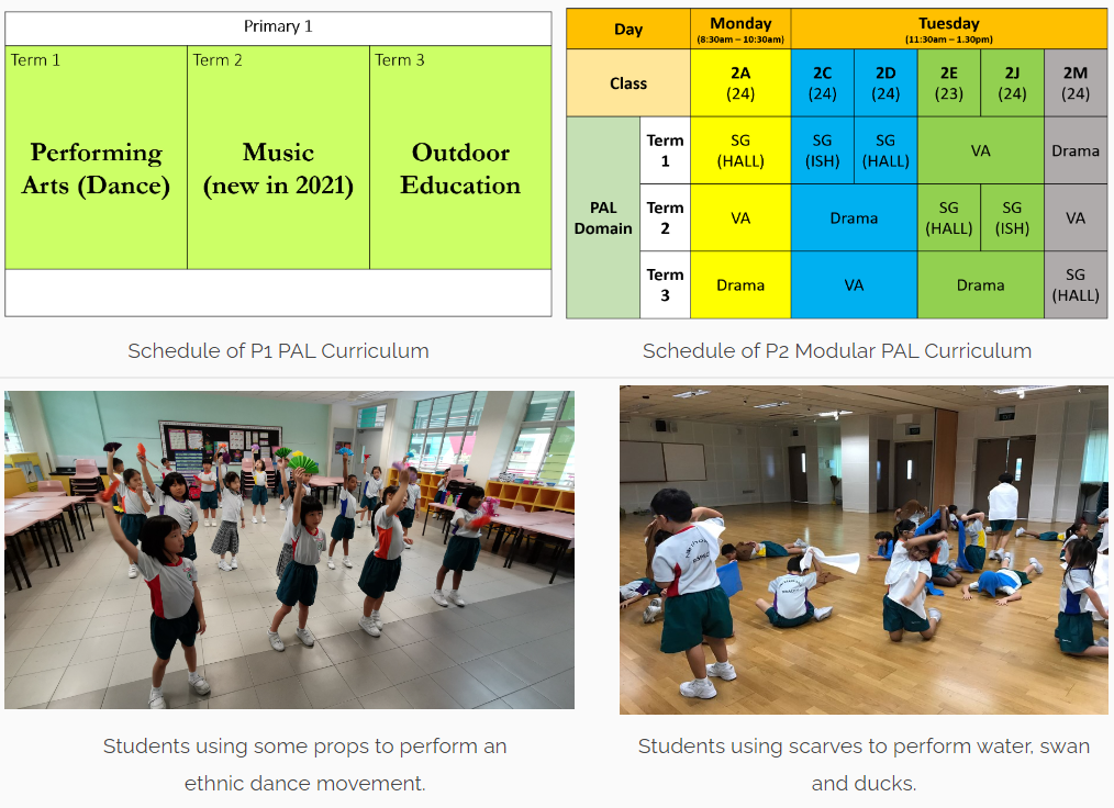 Two PAL curriculum schedules with photos of young students performing ethnic dance and scarf movements in classrooms.