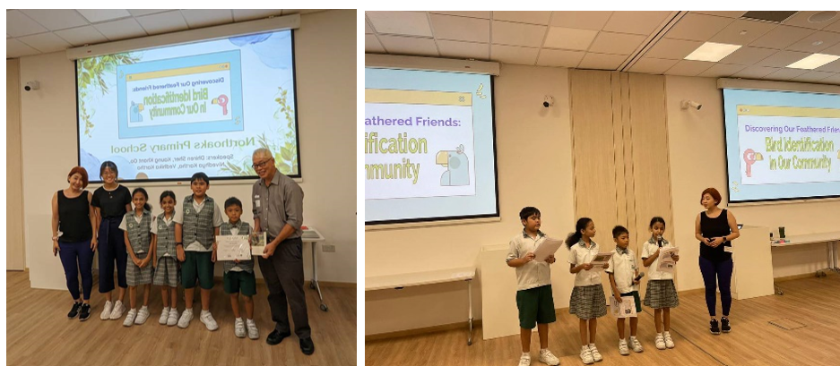 Students and adults pose with certificates and present on bird identification in a community at Northoaks Primary School.