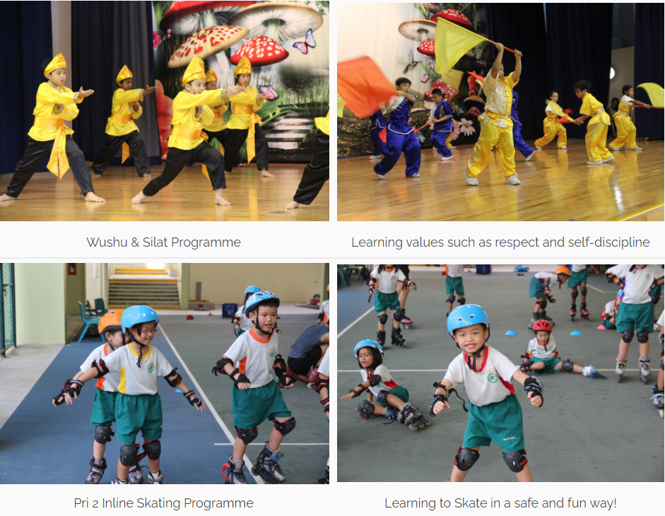 Four photos showing children in yellow costumes doing Wushu, waving flags, and inline skating with helmets.