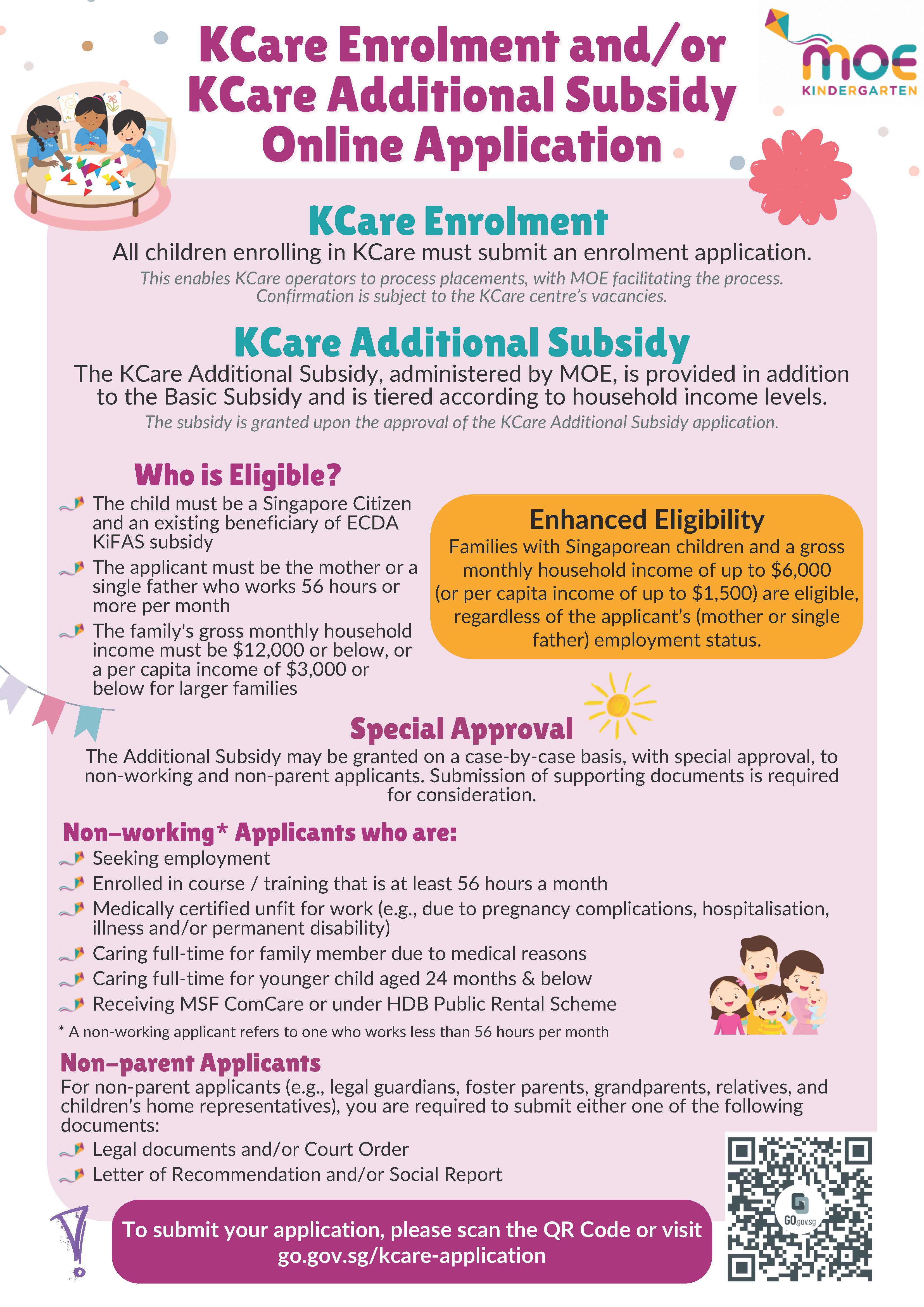 MOE KCare enrolment and subsidy online application flyer with eligibility criteria and a QR code.