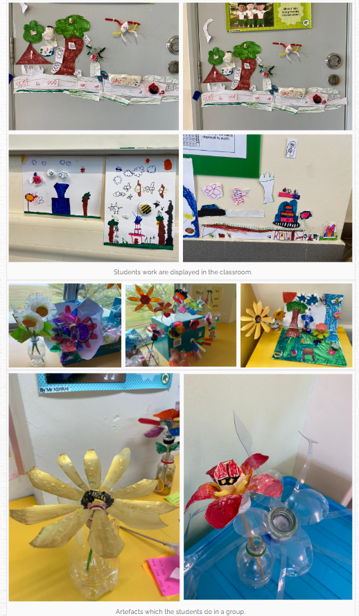 Collage of children's classroom artwork including paper tree scenes, colorful drawings, and flower crafts made from recycled materials.