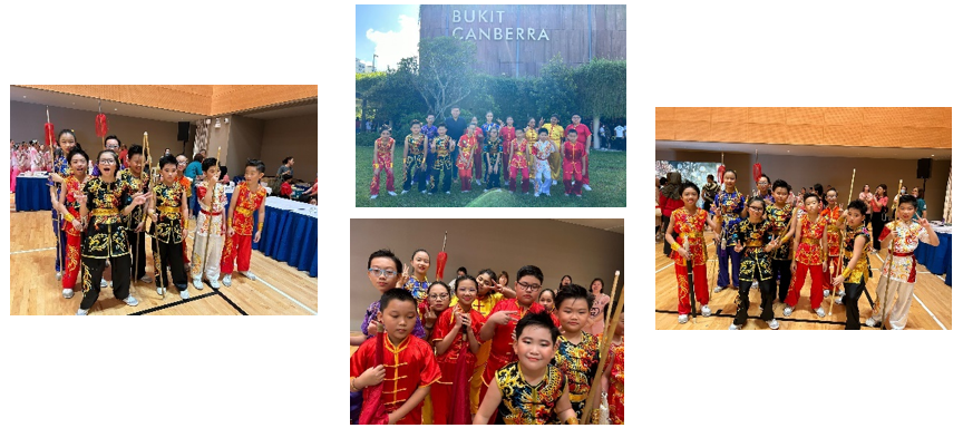 Children in colorful wushu uniforms holding staffs pose in four group photos at Bukit Canberra.