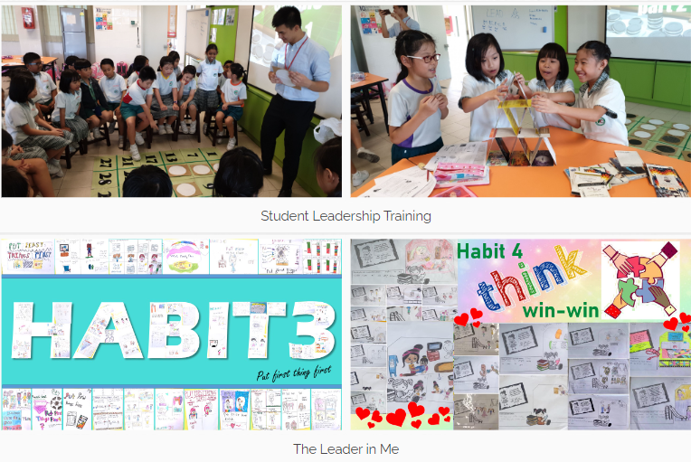 Four photos showing student leadership training activities and habit posters labeled Habit 3 and Habit 4 think win-win.