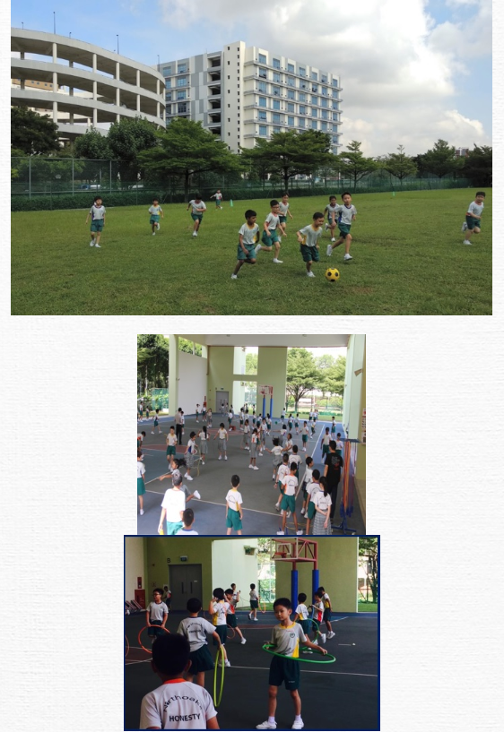 Children in green uniforms play soccer on a field, do group exercises, and use hula hoops in a school setting.
