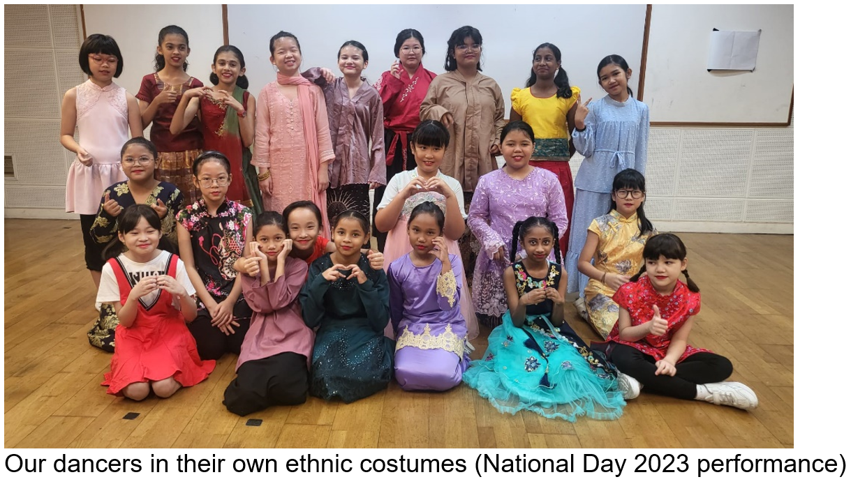 A group of young girls in colorful ethnic costumes pose together in three rows for a National Day 2023 performance.