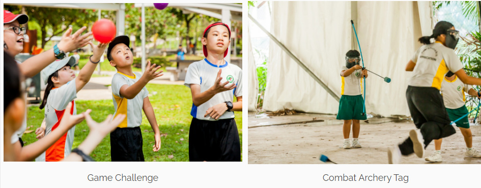 Children playing outdoor games: tossing a ball in a park and doing combat archery tag with bow and arrow.