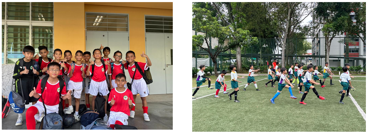 Boys in red soccer uniforms pose with thumbs up; another group stretches on a green soccer field outdoors.