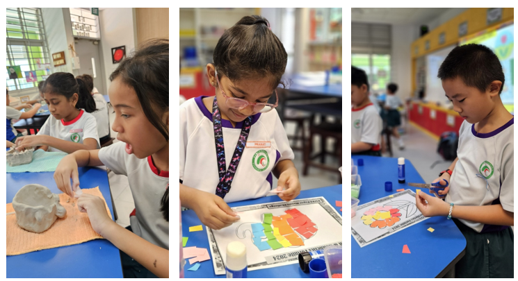 Three school children in uniforms doing art activities: clay modeling, colorful paper craft, and a flower drawing.