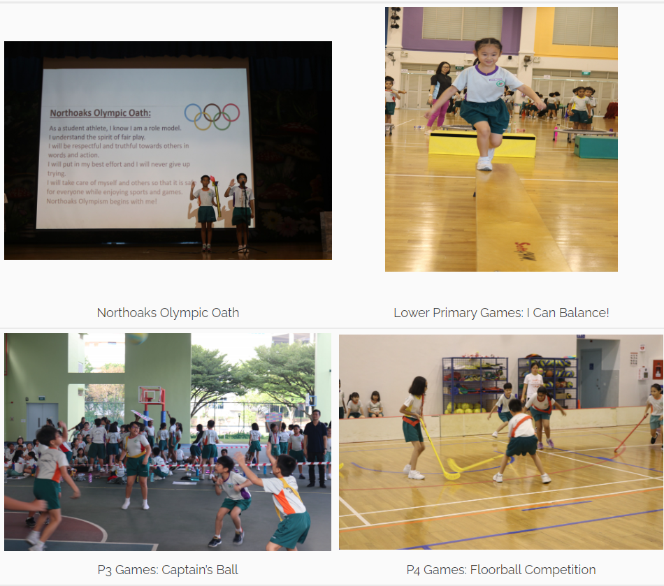 Four school event photos showing an Olympic oath presentation, a balance activity, Captain's Ball, and a floorball competition.