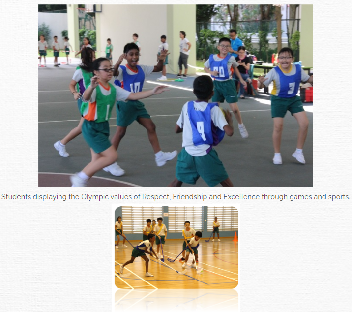 Children in blue and green bibs play an outdoor sport on a court, while others play floor hockey indoors below.