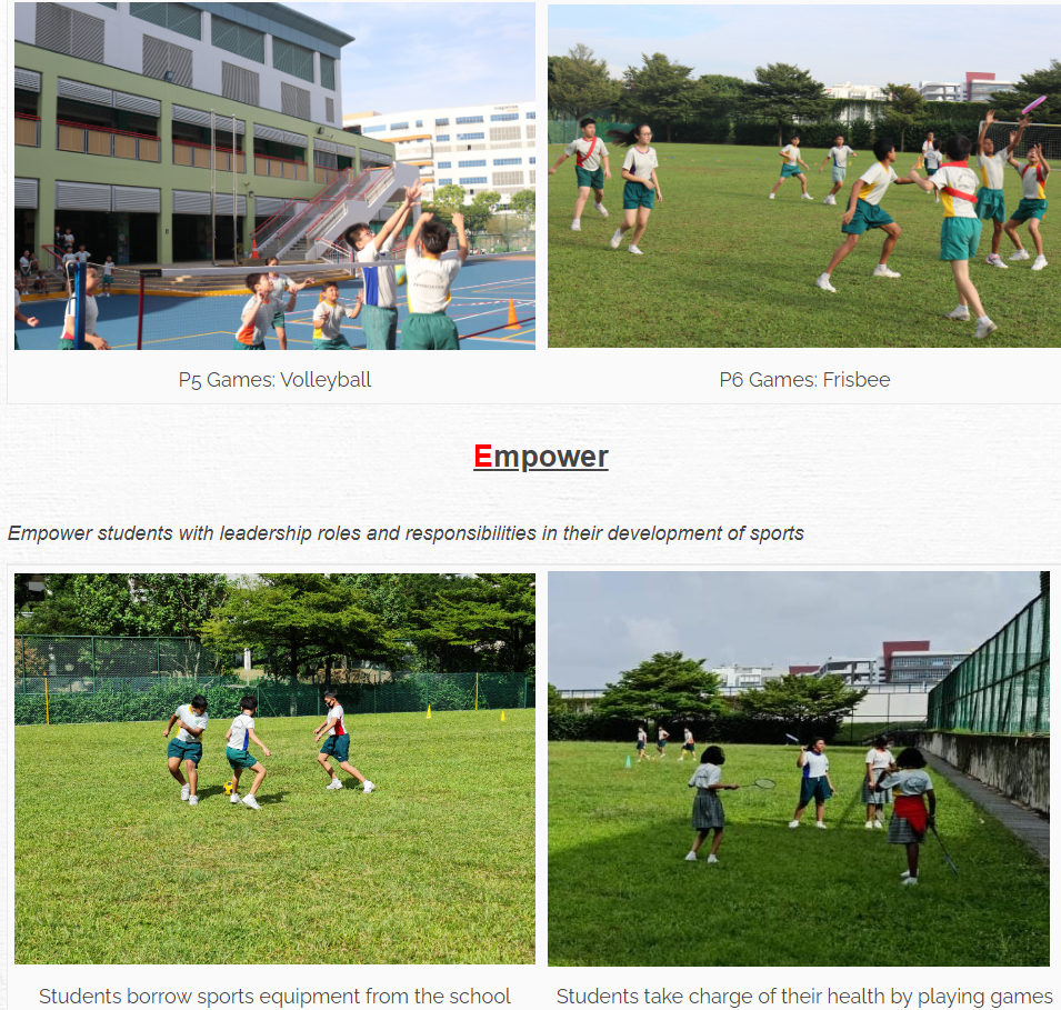 Four photos of school students playing volleyball, frisbee, soccer, and badminton outdoors on school grounds.