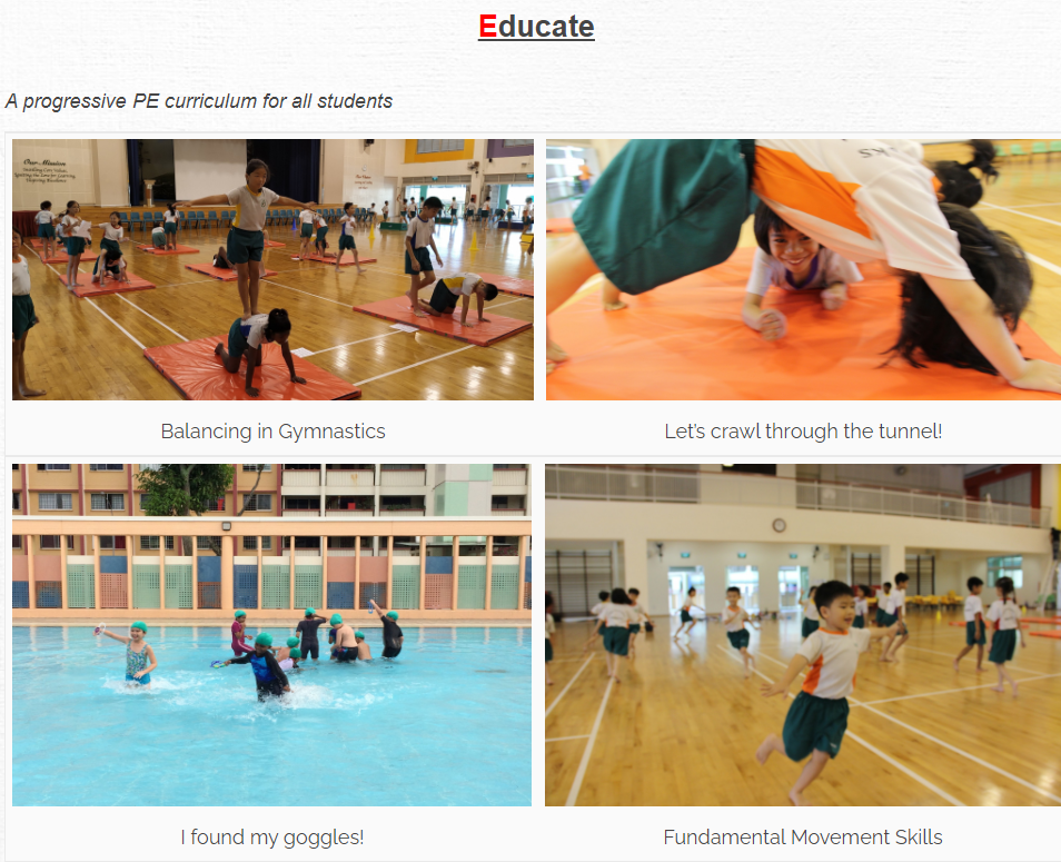 Four PE activity photos: gymnastics balancing, tunnel crawling, pool swimming, and running in a gymnasium.