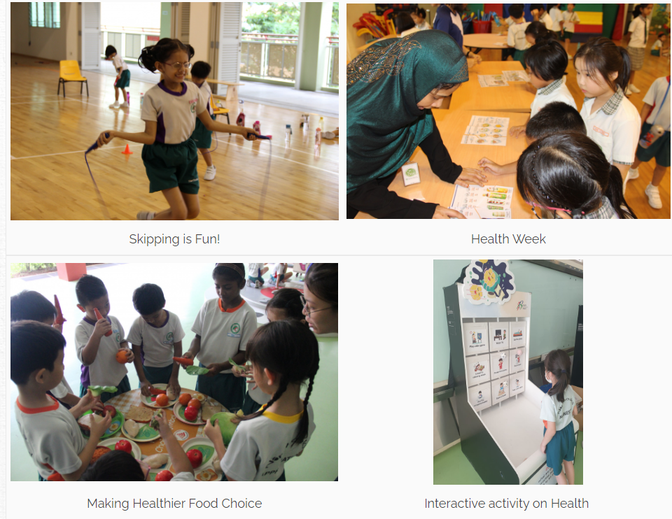 Four school health activity photos: kids skipping, teacher reviewing health charts, students handling fruits, and a child at a health board.