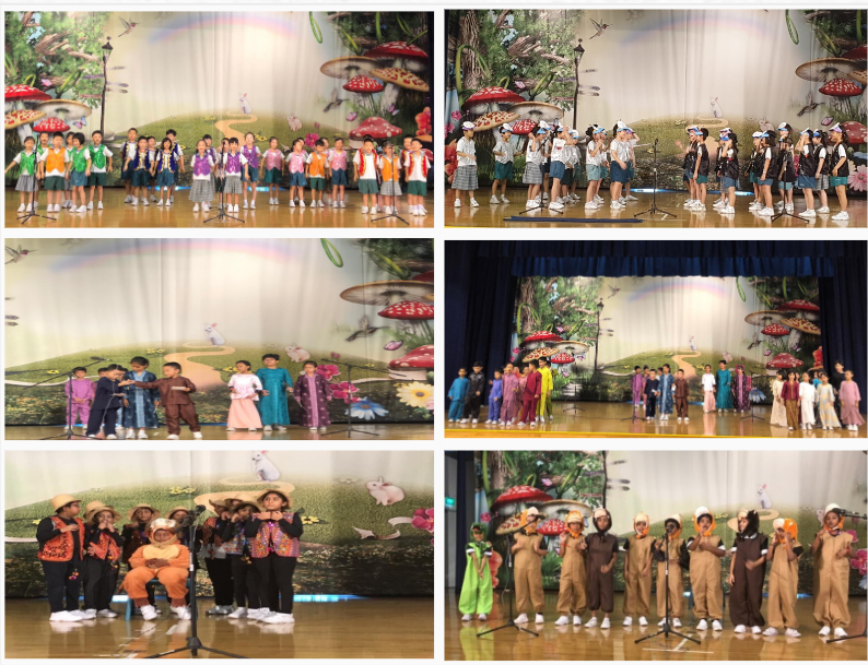Six photos of children in costumes performing on a stage decorated with a colorful mushroom forest backdrop.