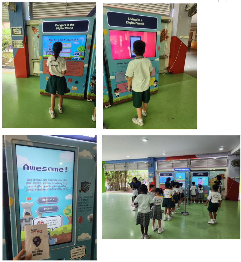 Children in school uniforms interact with digital safety kiosks showing topics like Dangers in the Digital World.