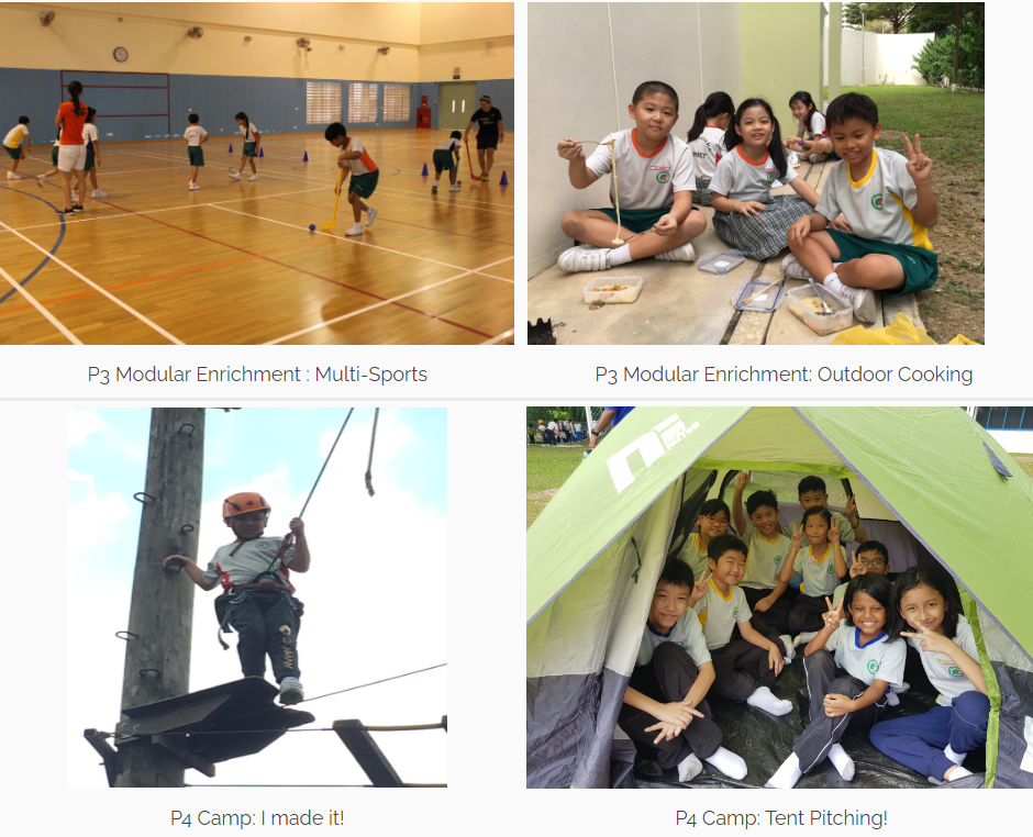 Four school activity photos: students playing sports, cooking outdoors, climbing a pole, and posing inside a green tent.