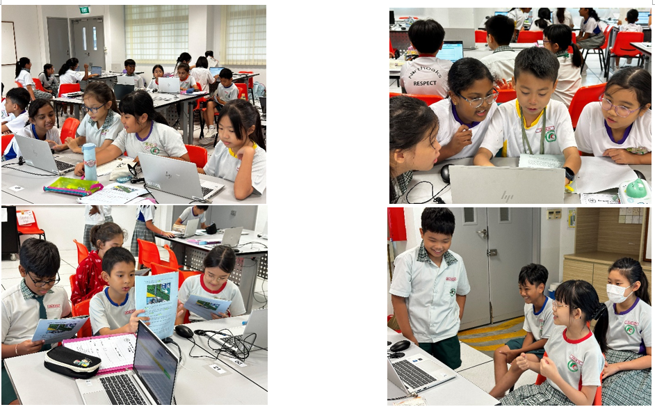 Four photos of uniformed primary school students working together on laptops in a classroom setting.