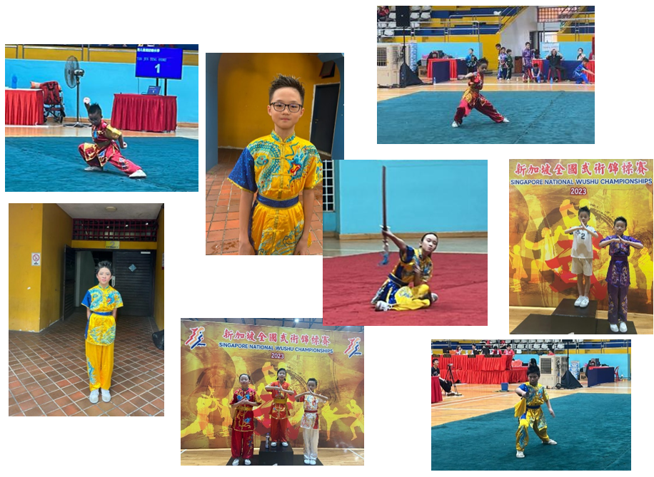 Children in colorful wushu uniforms performing and posing at the 2023 Singapore National Wushu Championships.