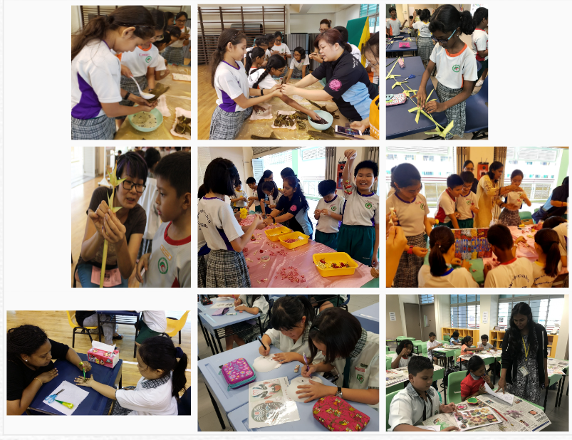Nine photos showing children and adults doing hands-on craft and learning activities in a classroom setting.