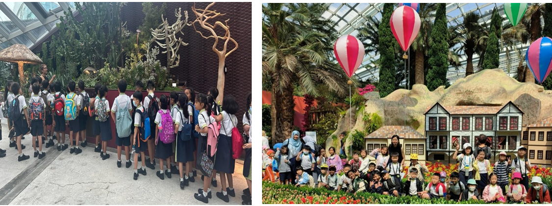 Two school field trip scenes: children in uniform lined up indoors among plants, and a group posing by a decorative house with colorful balloons.