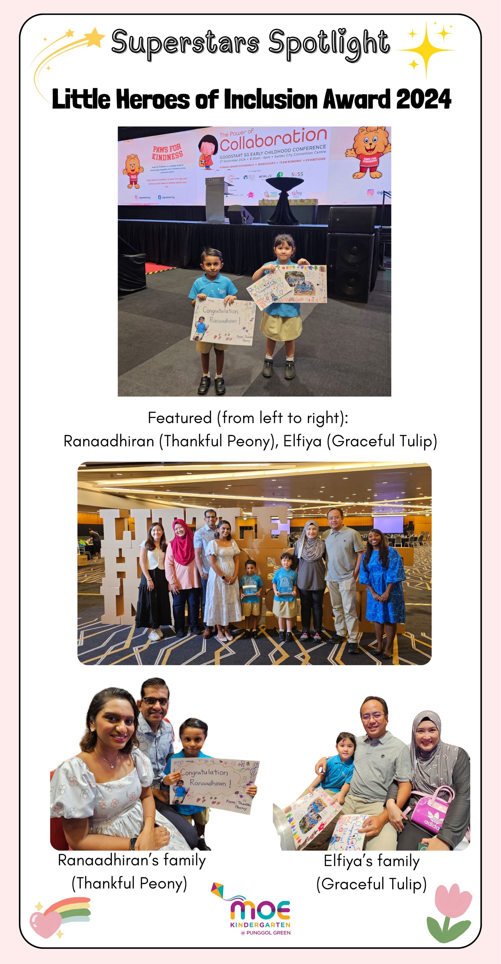 Two children hold award posters on stage at the Little Heroes of Inclusion Award 2024, with family group photos below.