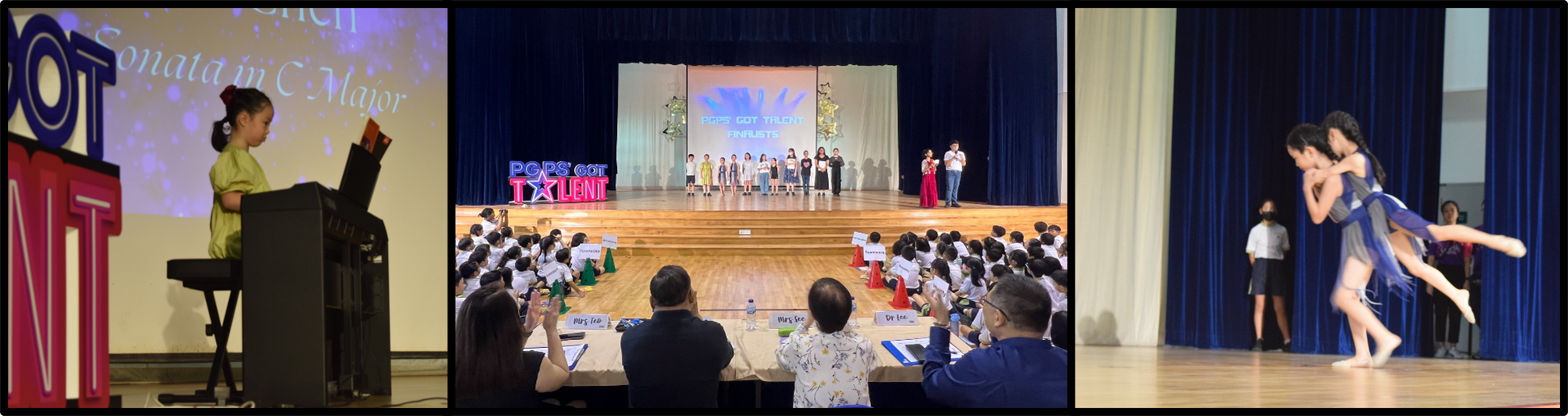 Three scenes from a school talent show: a girl at a keyboard, finalists on stage, and two children dancing.