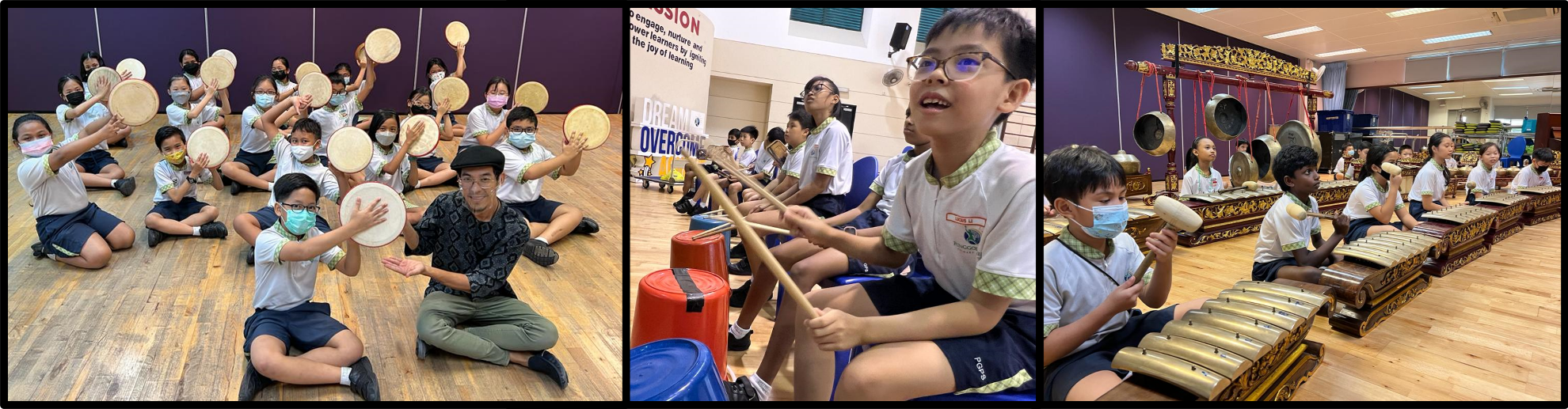 Students in school uniforms playing traditional instruments including hand drums, percussion, and gamelan instruments in three scenes.