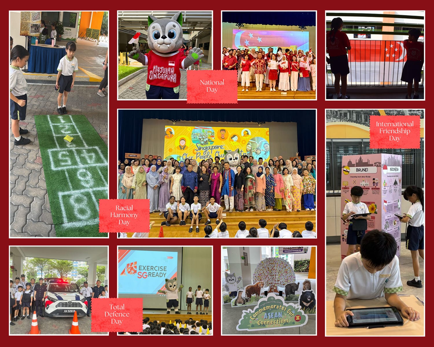 Collage of school events including National Day, Racial Harmony Day, Total Defence Day, and International Friendship Day.