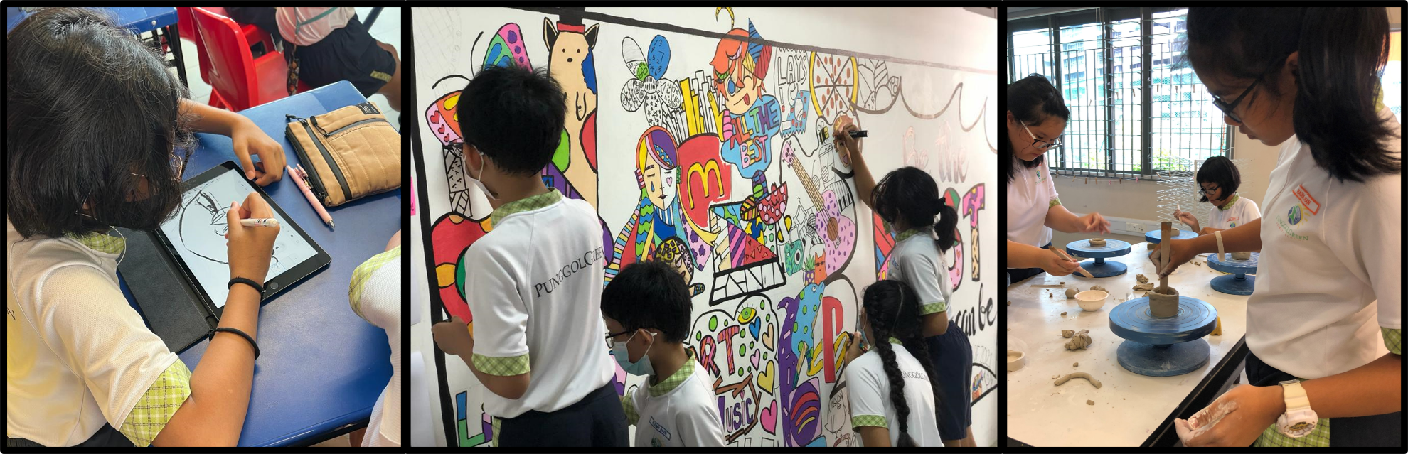 Three panels show students drawing on a tablet, painting a colorful mural, and working with clay on pottery wheels.