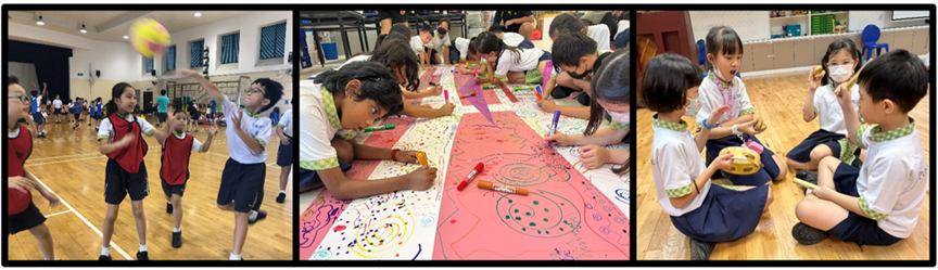 Three panels show children playing volleyball in a gym, drawing on a large pink mural, and sitting in a circle on a wooden floor.