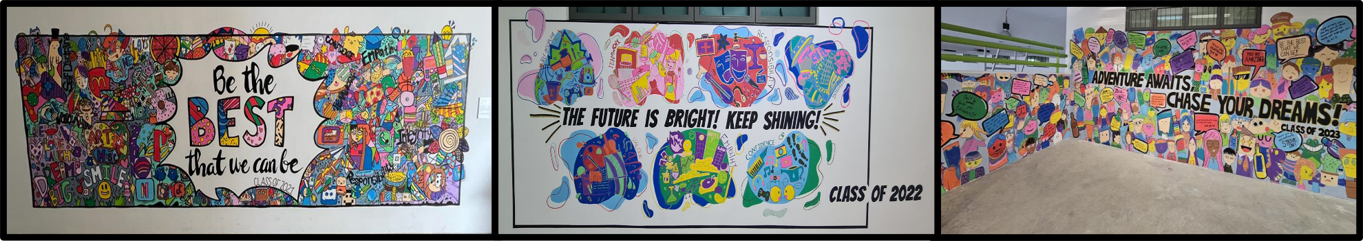 Three colorful school murals with motivational text for Class of 2022 and 2023, filled with bright doodles and artwork.