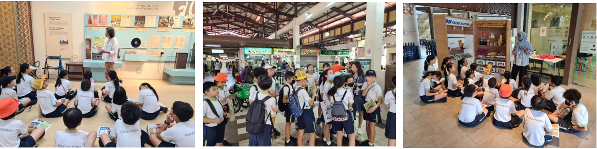 Students in white uniforms sit on floors listening to adult guides in three different indoor locations during a field trip.