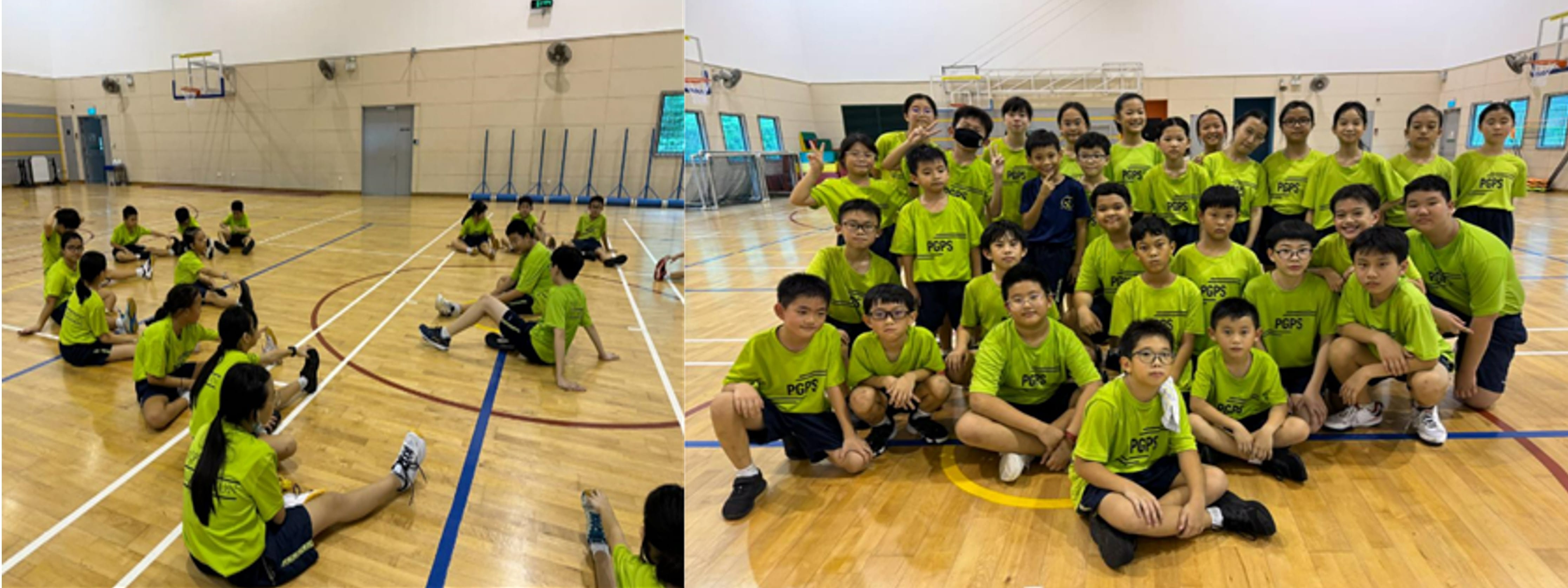 Children in yellow PGPS shirts sit on a gymnasium floor, one photo showing activity, the other a group pose.