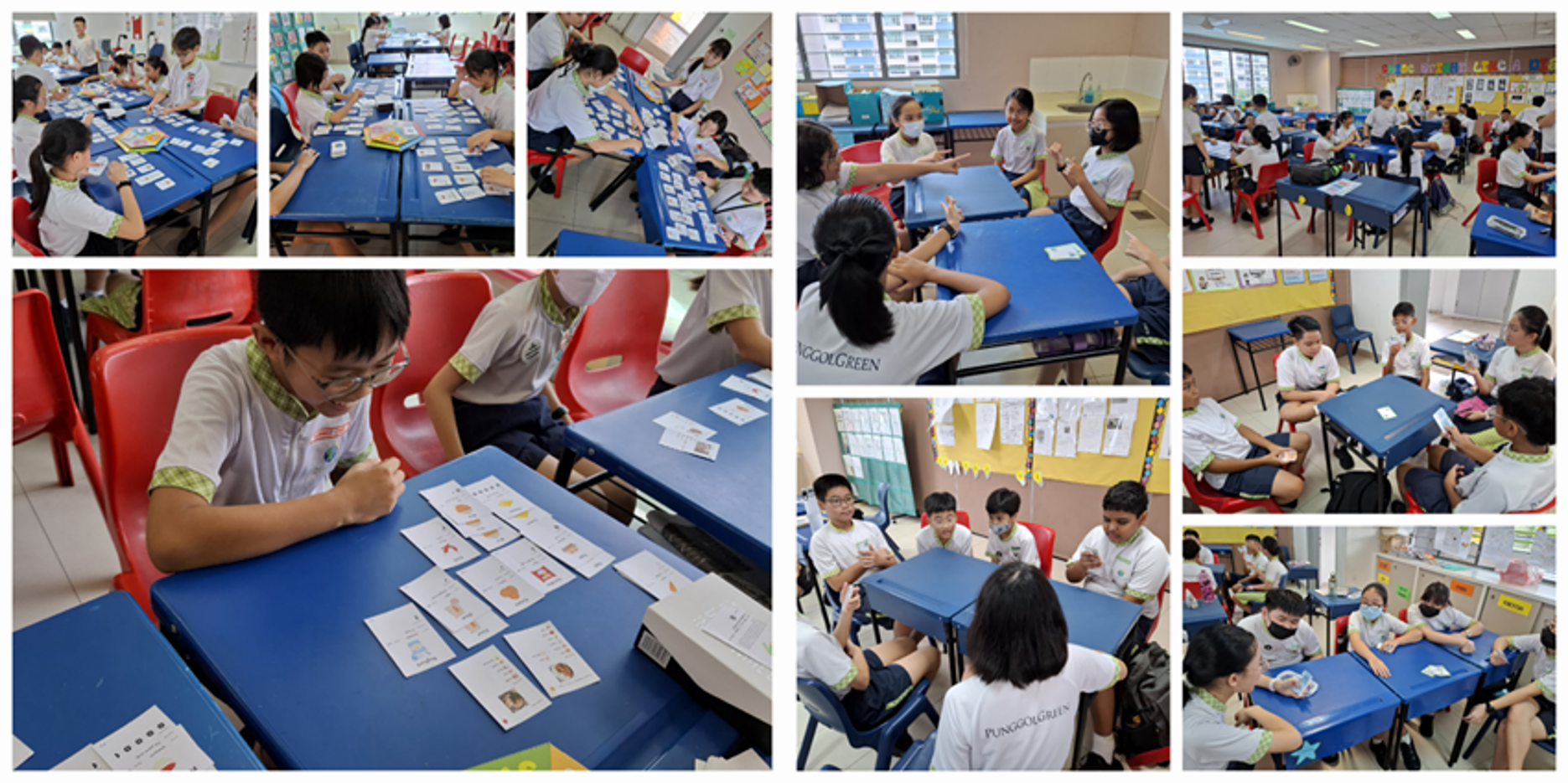 Collage of students in a classroom playing a card game at blue tables, some wearing masks and pointing.