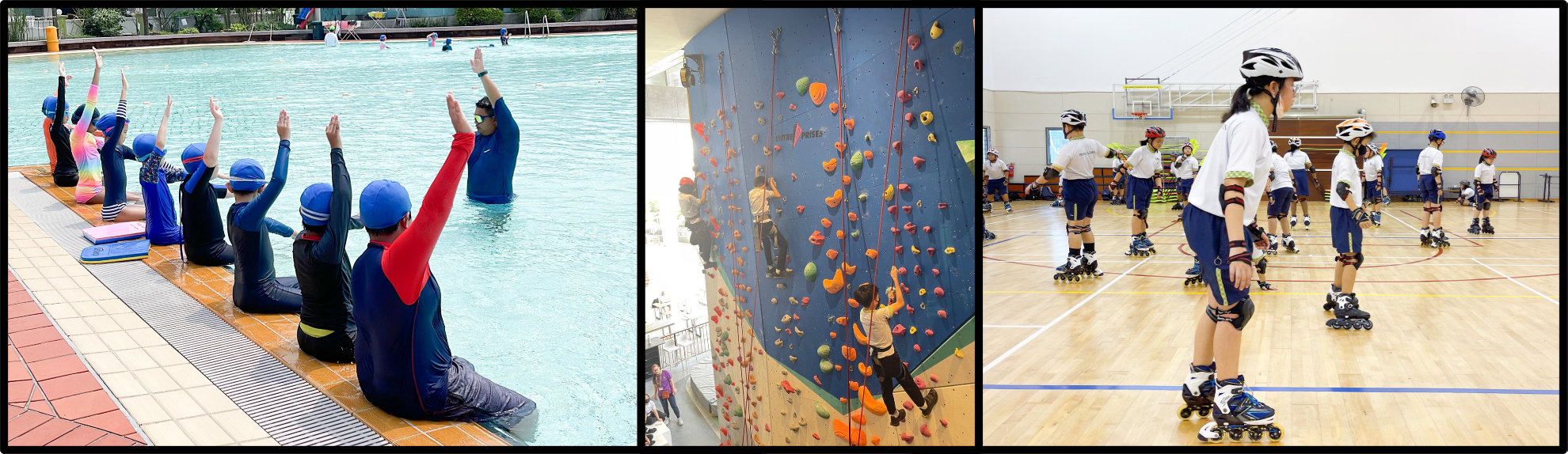 Three panels showing students doing swimming lessons, rock climbing on an indoor wall, and rollerblading in a gymnasium.
