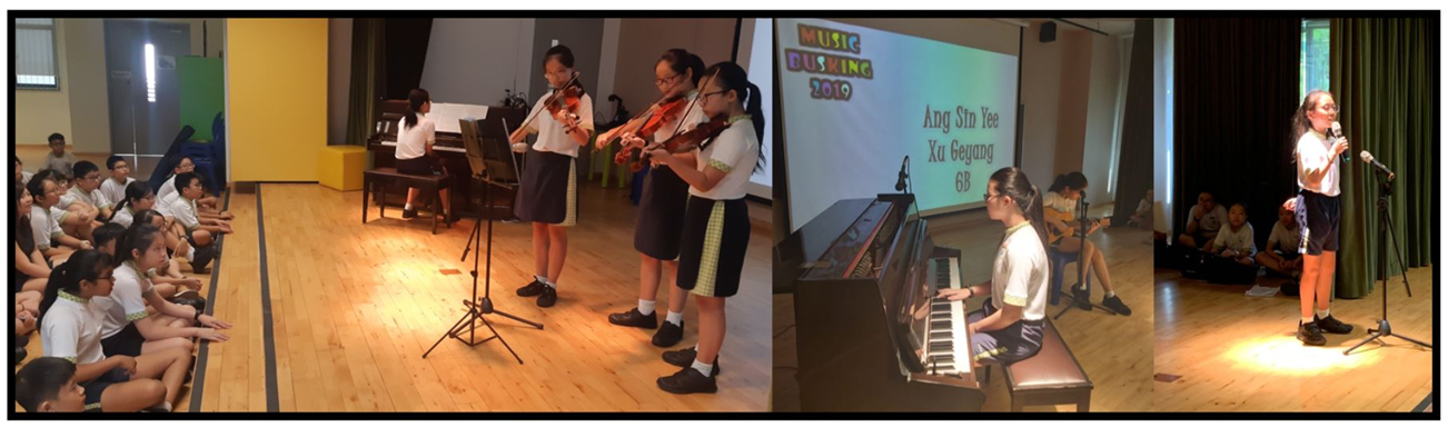 Four scenes from a 2019 school music busking event showing students playing violin, piano, guitar, and singing on stage.