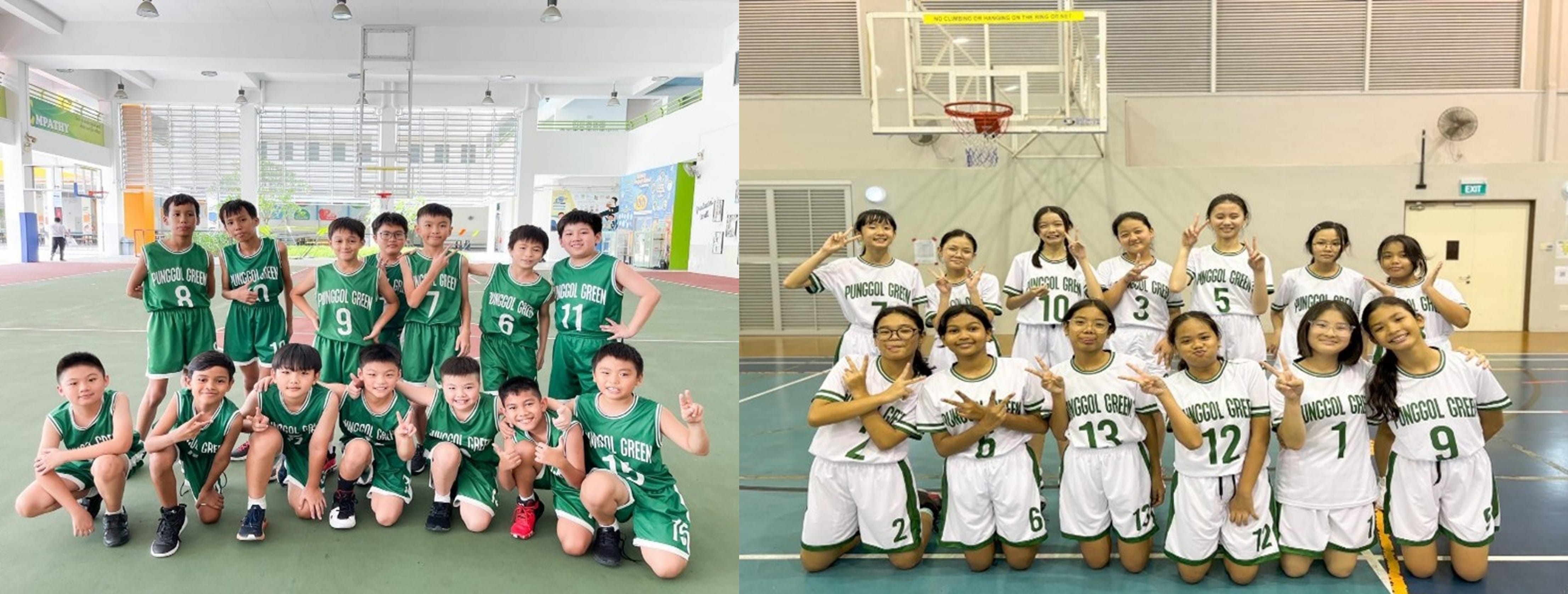Two youth basketball teams in Punggol Green uniforms pose for group photos, boys in green and girls in white.